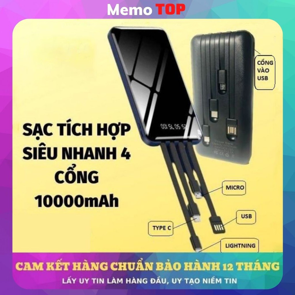 Sạc dự phòng Power Bank J200 10000mAh có 4 dây sạc đa năng thông minh cho iphone,samsung, xiaomi - Memotop