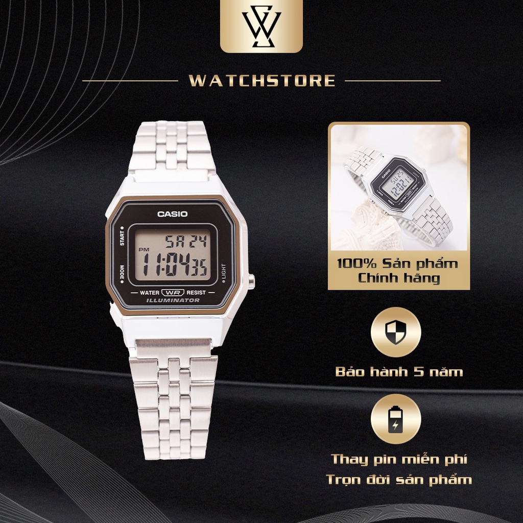 Đồng Hồ Điện Tử Nữ Casio WATCHSTORE LA680WA-1DFDF Thiết Kế Mặt Kính Nhựa Vuông 28.5mm, Dây Kim Loại Và Vỏ Nhựa Xám