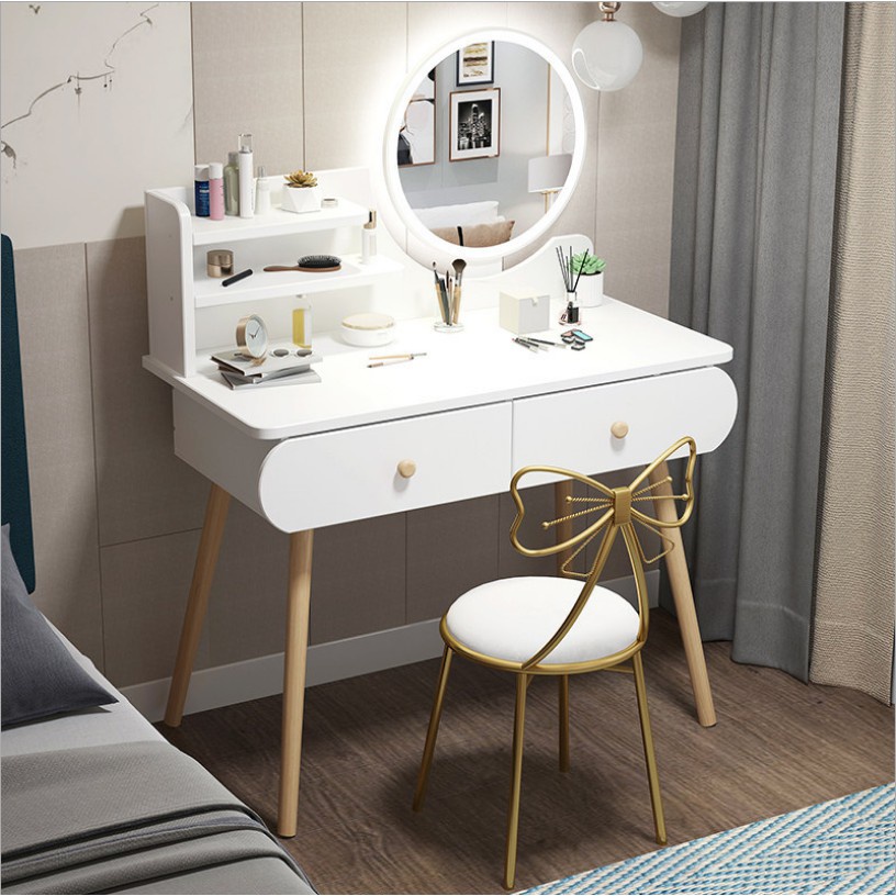 Bàn trang điểm FUNA kèm kệ để đồ chân gỗ tiện, có gương LED nhiều mẫu lựa chọn.