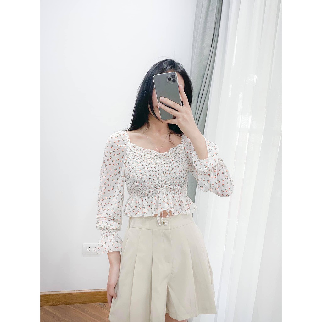 Áo croptop cổ vuông hoa nhí. Áo Croptop rút ngực 2021 - Dorita Boutique