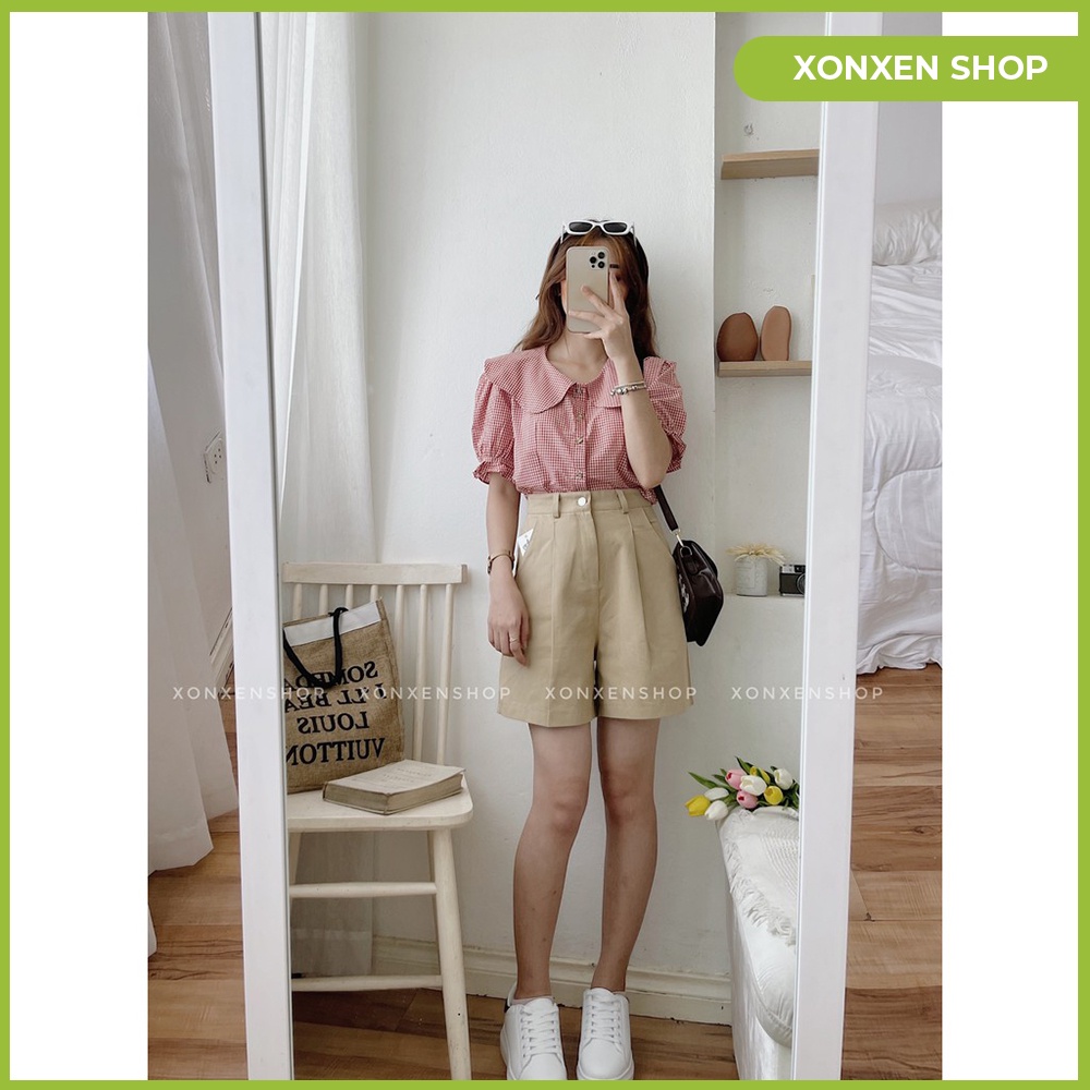 Áo kiểu caro cổ bèo lên form chuẩn chất vải mền mịn XONXEN SHOP QUẢNG NGÃI freesize mã 76 | BigBuy360 - bigbuy360.vn