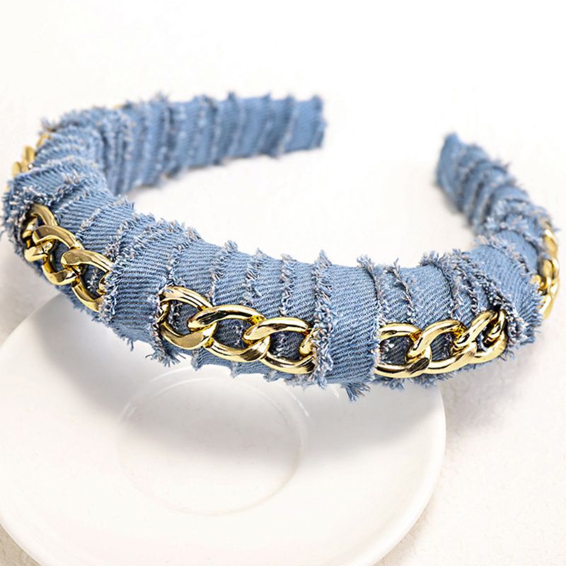 Flgo Băng Đô Vải Denim Bản Rộng Kẻ Sọc Phối Xích Kim Loại Có Đệm Xốp Màu Trơn Cổ Điển Cho Nữ Ba