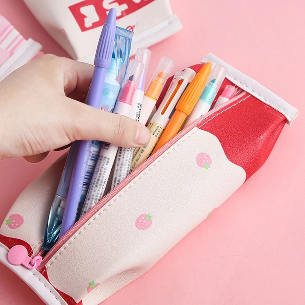 Túi đựng bút bằng da PU hình hộp sữa dâu chống nước sáng tạo