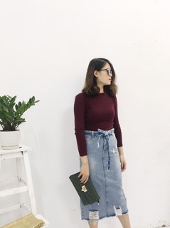 Chân váy denim rách cạp cao