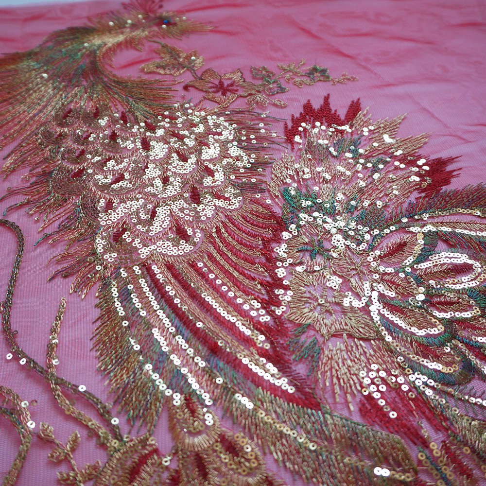 Vải ren lưới thêu hình chim phượng hoàng cỡ lớn dùng may váy cưới DIY