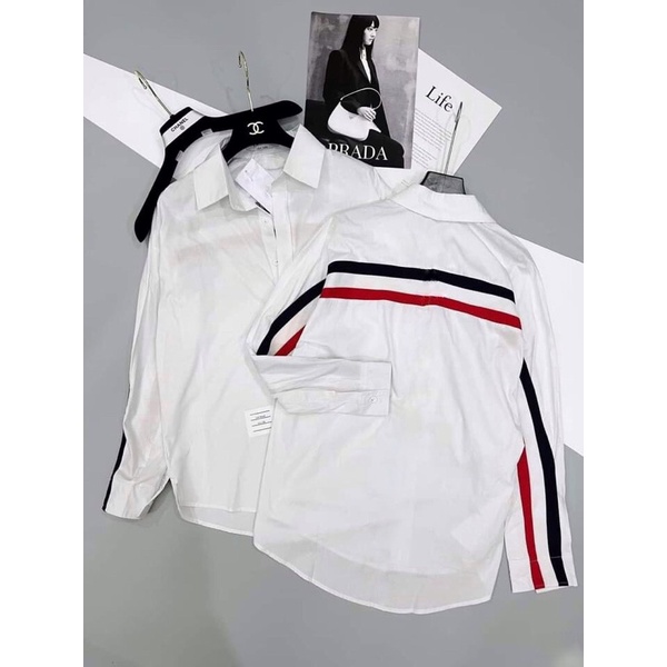 ÁO SƠMI TRẮNG CHẠY VIỀN TAY VÀ LƯNG XANH ĐỎ HOT HIT DÁNG OVERSIZE