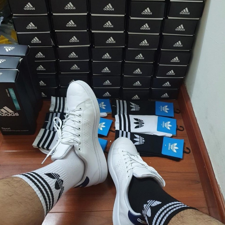 Tất Dệt Kim Cao Cấp, Tất Adidas 3 sọc cổ 19cm, hàng Unisex, phong cách thể thao - Đen