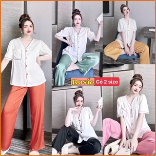 [ Có 2 size ] Bộ pijama lụa Latin cổ V viền màu nổi đơn giản xinh xắn