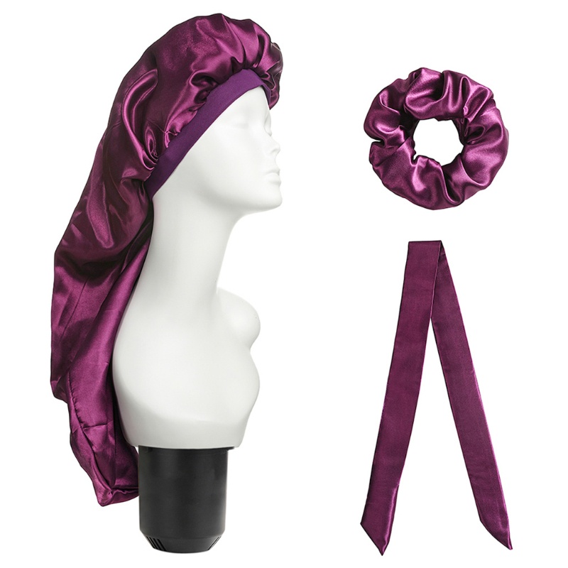 Set 3 mũ trùm đầu khi ngủ bằng vải satin kèm dây buộc tóc dài