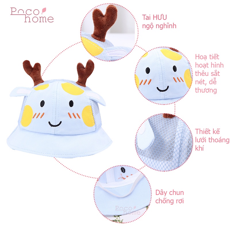 Nón chống nắng trẻ em tai Hưu 3D thêu chi tiết sắt nét dễ thương PocoHome, thiết kế lưới thoáng khí cho bé từ 0-1 tuổi