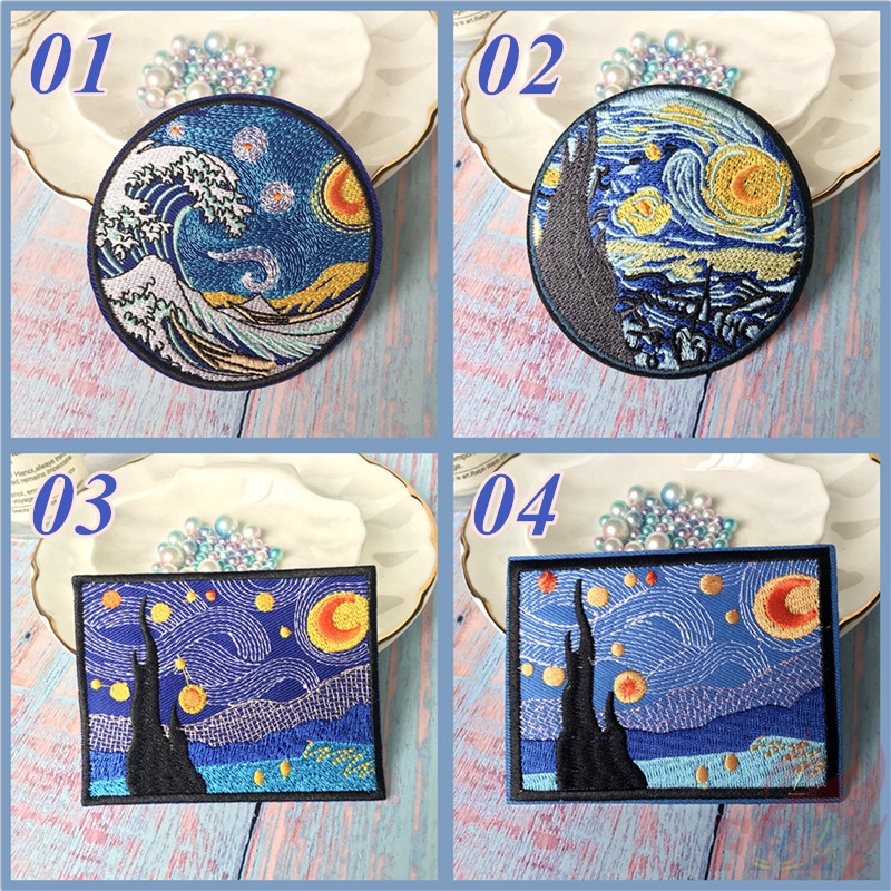 Bộ 1 / 4 Sticker Ủi Thêu Hình Tranh Của Van Gogh