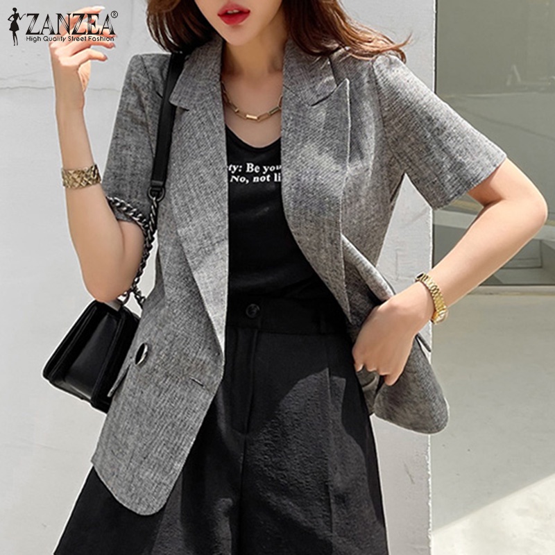 ZANZEA Áo Khoác Blazer Ngắn Tay Cài Nút Hở Vai Thời Trang Phong Cách Hàn Quốc Cho Nữ