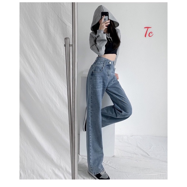Quần Jeans Bò Ống Rộng Nữ Cạp Chéo Chất Bò Mềm