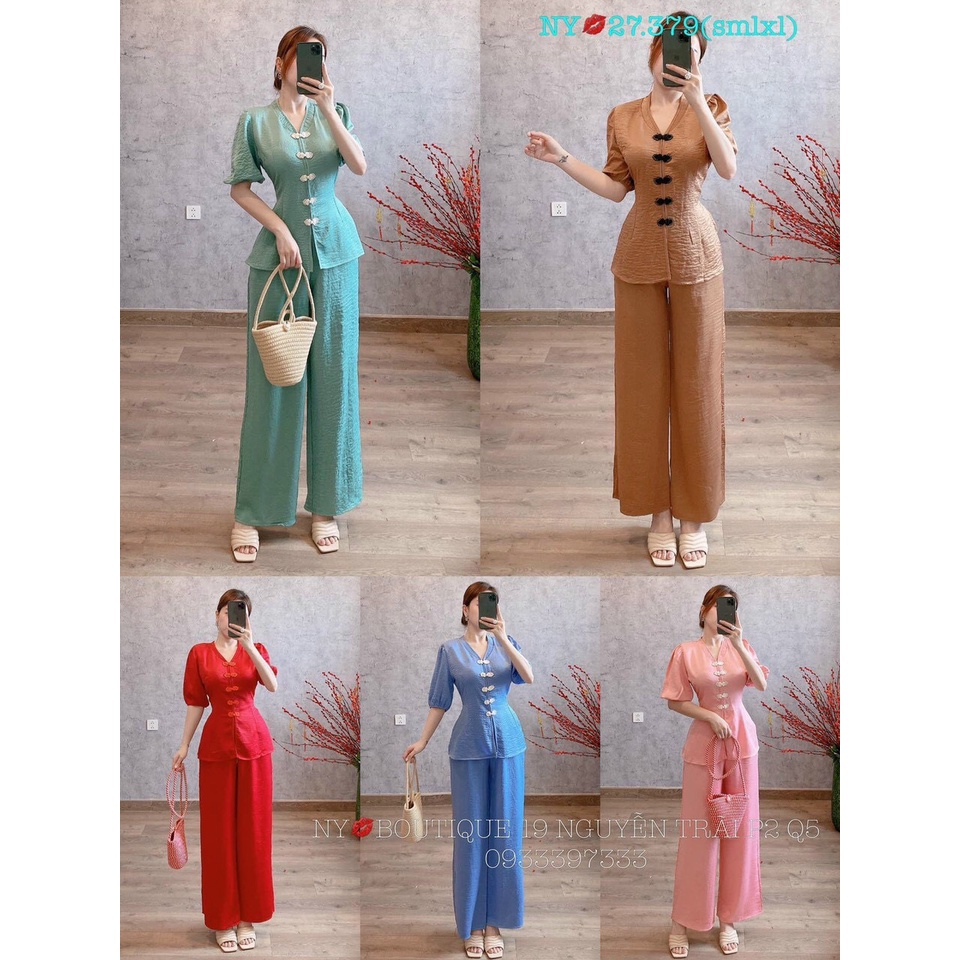 Bộ lam ống suông nút tàu tay lỡ gấm xước . Có sẵn