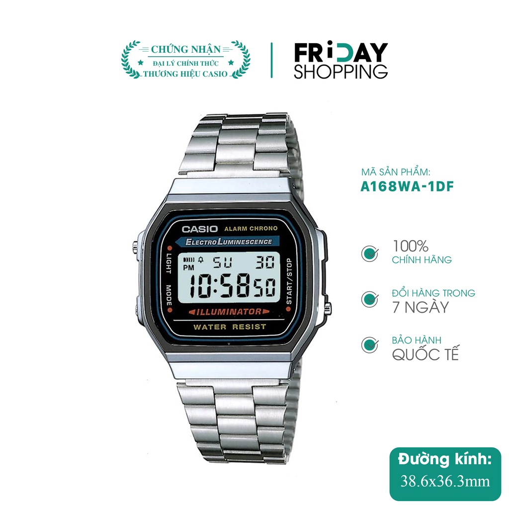 Đồng hồ Casio nam điên tử A168WA-1DF dây kim loại chính hãng