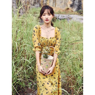 Đầm maxi vàng hoa đen xinh đẹp