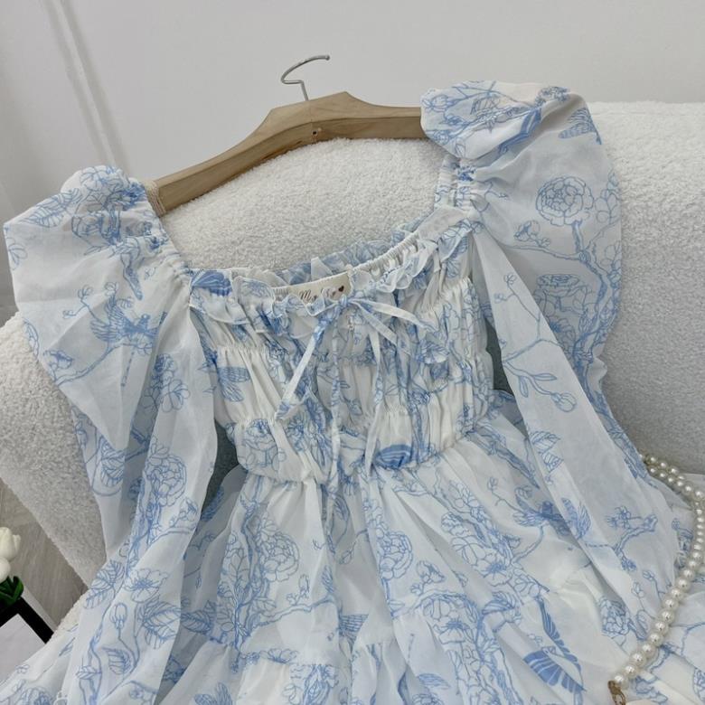 Đầm voan hoa xanh dáng xòe nhún ngực thắt nơ