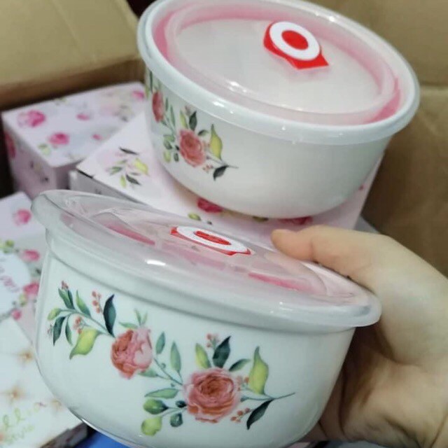 Bộ 2 thố sứ in hoa hồng nắp chân không | BigBuy360 - bigbuy360.vn