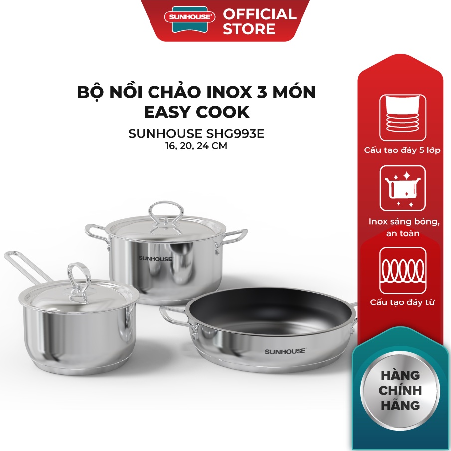 [LIFEMCMBP4 -12% đơn 250K] Bộ nồi chảo inox 3 món Easy Cook SUNHOUSE SHG993E