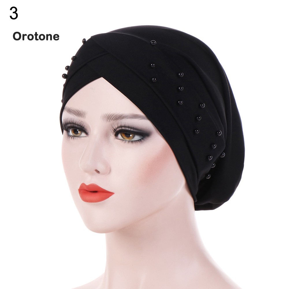 ♌ Or Women Beads Elastic Turban Hat Muslim Cancer Chemo Cap Hijab Head Wrap