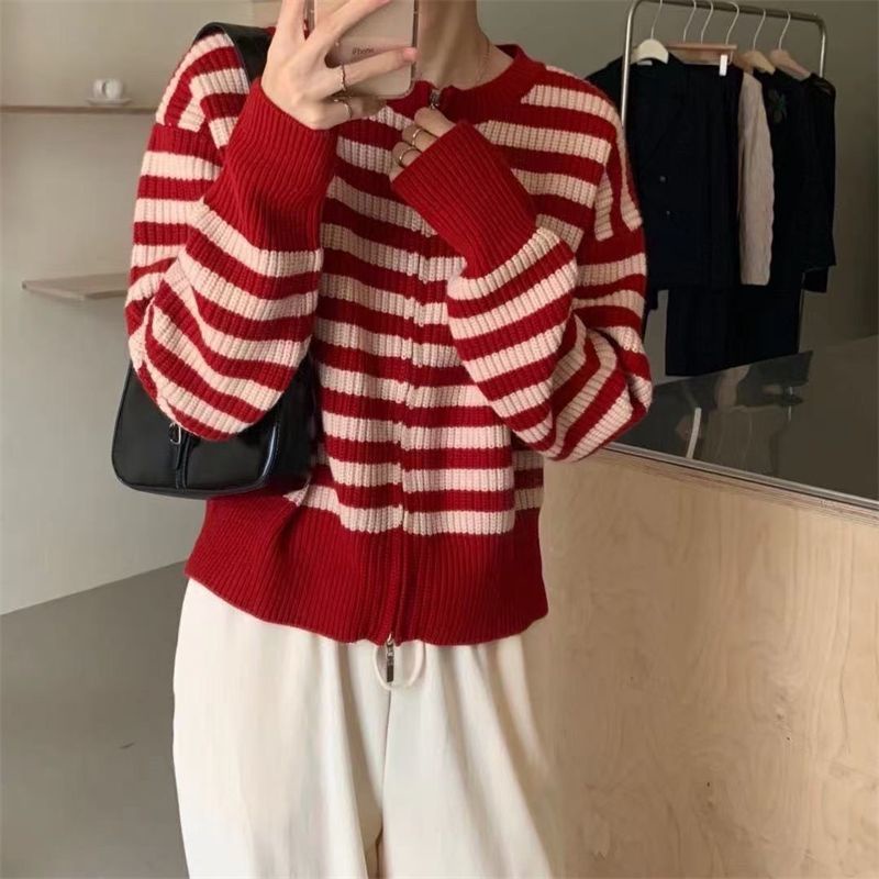 2022 Áo cardigan dệt kim dài tay thời trang Hàn Quốc với sọc xanh và dây kéo