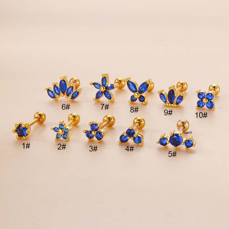 1 Khuyên Tai Dạng Xoắn Ốc Đôi Bằng Thép Không Gỉ Đính Đá Zircon Xanh Hoàng Gia 20 Gauge
