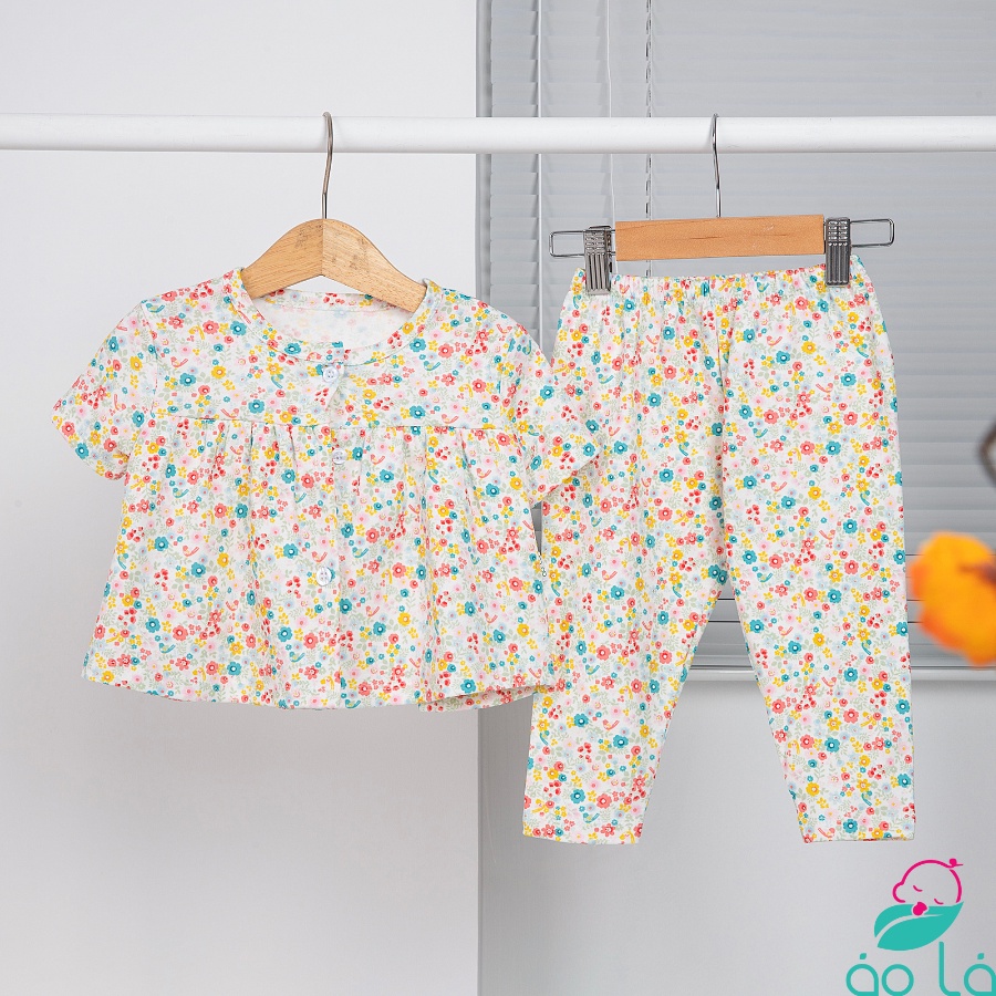 Bộ dài tay bé gái tay ngắn quần dài thun cotton mặc ngủ mùa hè áo babydoll họa tiết hoa Áo Lá Homewear BCB22