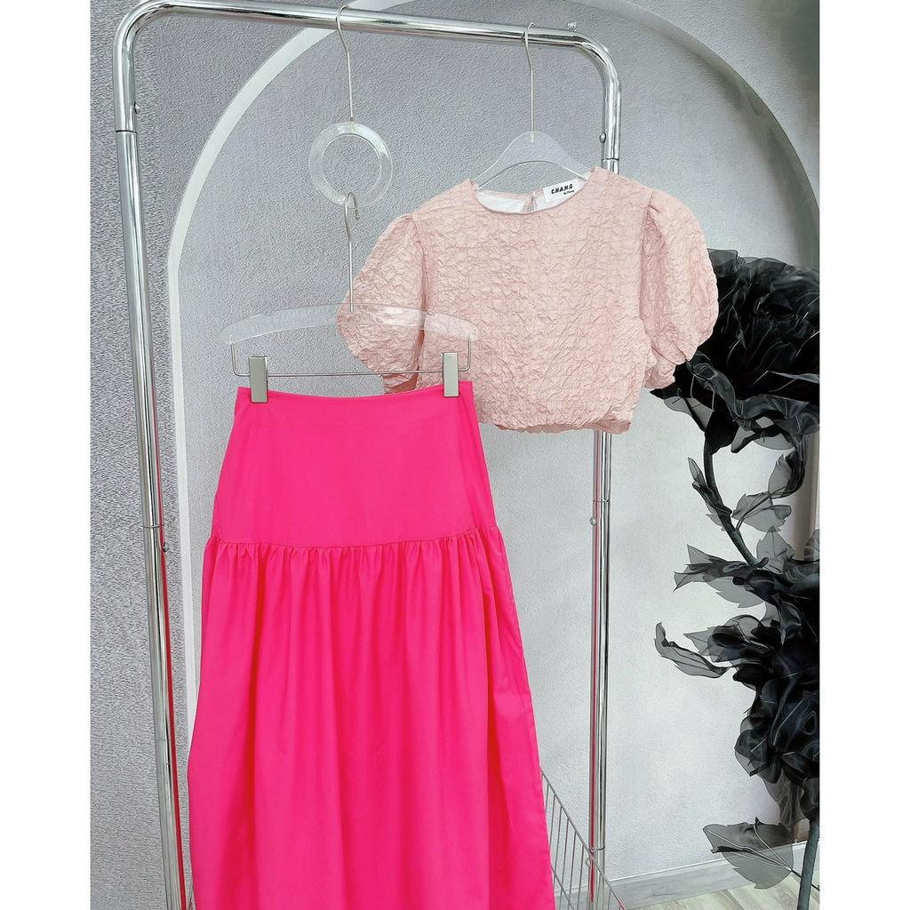 SET ÁO CROTOP XỐP NHÚN TAY PHỒNG CHÂN VÁY MIDI XẾP LY HỒNG SEN (TH)