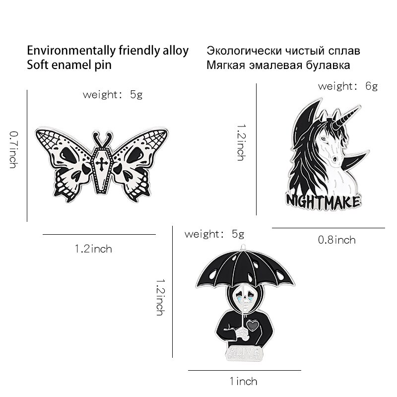 Nightmare Enamel Pin Custom Horse Umbrella Skeleton Butterfly Brooch Bag Clothes Lapel Pin Gothic Badge Jewelry Gift for Friends