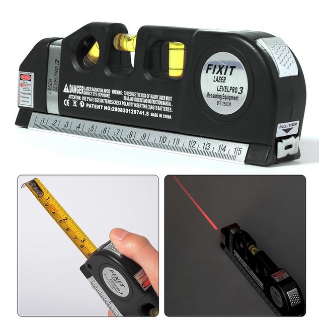 thước đo Laser kết hợp một thước đo băng, một bong bóng san lấp mặt bằng ba vị trí và mức laser vào một công cụ tiện lợi