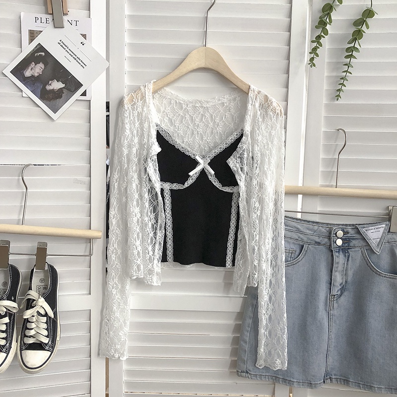 Áo khoác cardigan không tay cổ chữ V phối ren thời trang nữ tính