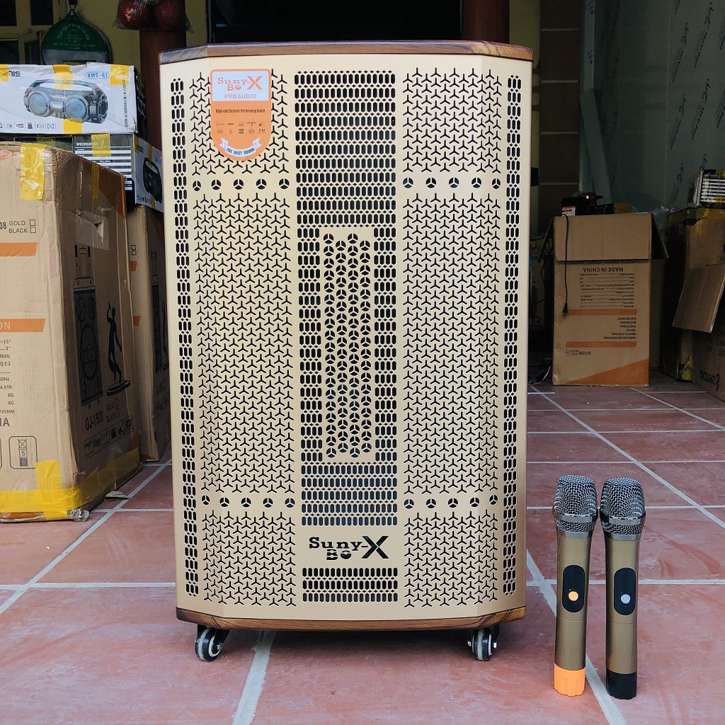 Loa Kéo Karaoke Bass 4 tấc 3 Đường Tiếng Vỏ gỗ Cao cấp, tặng kèm 2 Mic Không dây UHF Kim Loại