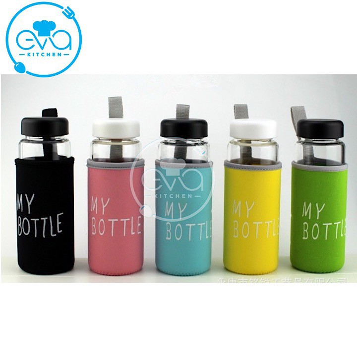 Bình Nước Thủy Tinh In Chữ My Bottle Kèm Vỏ Bọc Vải Neoprene Nhiều Màu 500ml