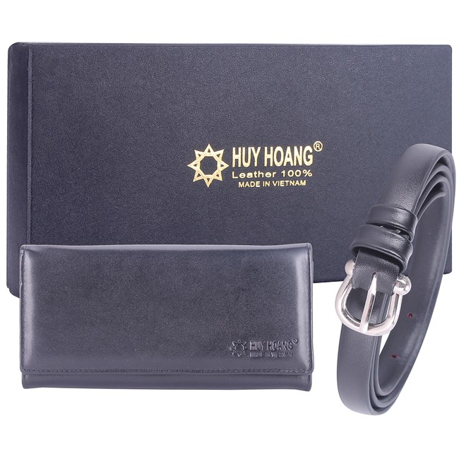 Bộ Bóp &amp; Dây thắt lưng da bò màu đen Huy Hoàng HP5110-HP3120