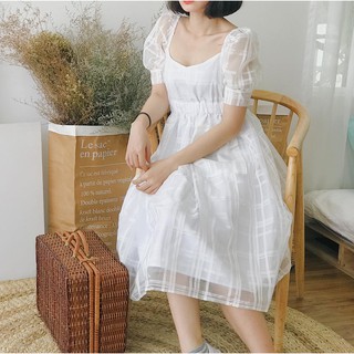 Đầm tay phồng kẻ sọc midi