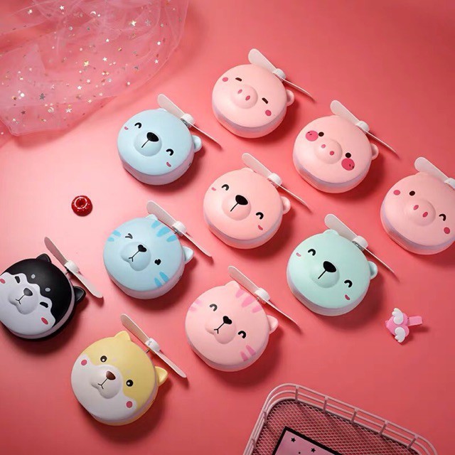 Quạt sạc mini cầm tay kèm gương và đèn led nhiều hình xinh xắn