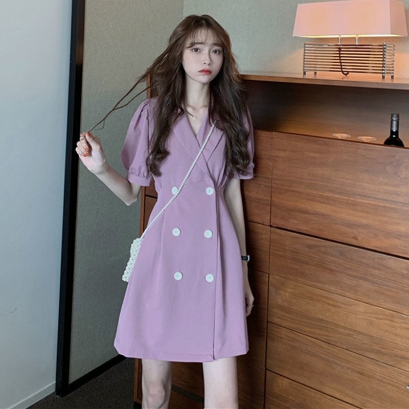 AMOI Đầm Ngắn Tay Cổ Chữ V Phong Cách Retro Thời Trang 2022