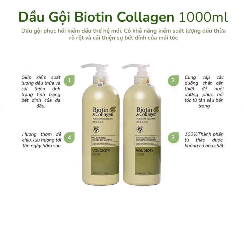 BIOTIN XANH DẦU GỘI XẢ CHO TÓC DẦU BIOTIN XANH LÁ - BIOTIN COLLAGEN VOUDIOTY 1000ML CHÍNH HÃNG