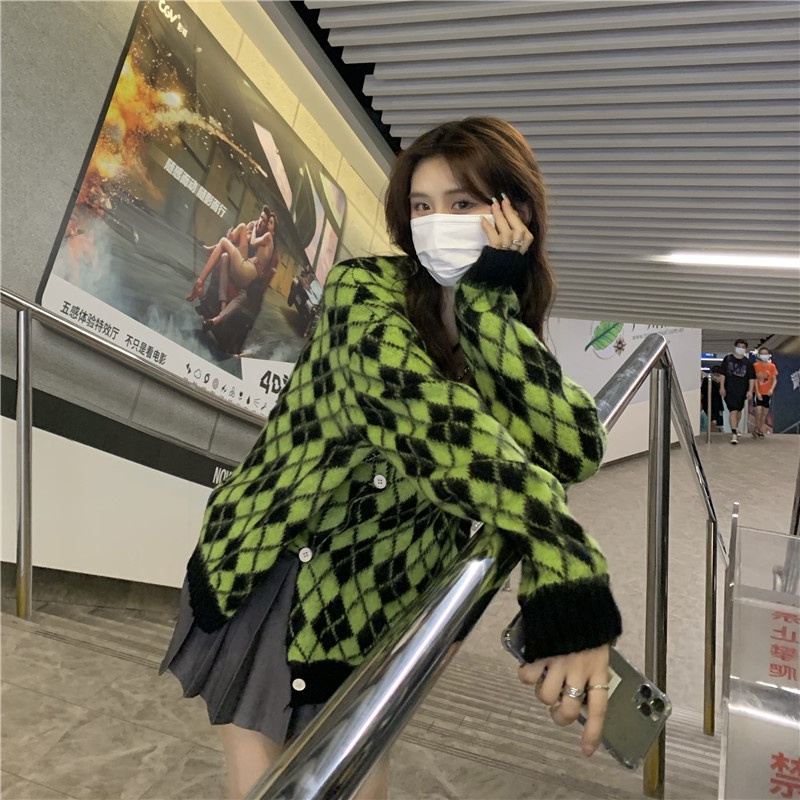 Áo Khoác Cardigan Dệt Kim Tay Dài Dáng Rộng Họa Tiết Kim Cương Thời Trang Hàn Quốc | BigBuy360 - bigbuy360.vn