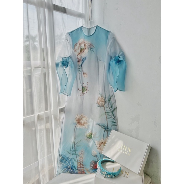 Áo dài cách tân Tĩnh Hương cổ tròn chất organza cao cấp - LINN DESIGN