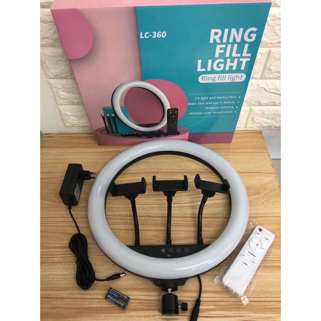 Bộ đèn live stream LC 360 (36CM) 3 kẹp điện thoại, chụp hình make up, quay tiktok bigo livestream facebook cảm ứng remot