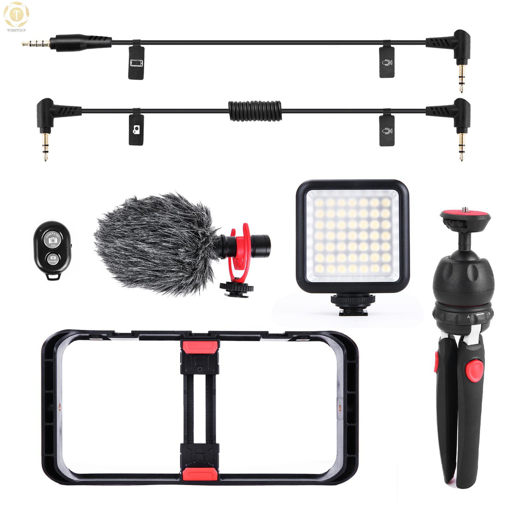 Shipped within 12 hours】 Andoer Smartphone Video Rig Kit Including Smartphone Cage with 3 Cold Shoe Mounts + Mini LED Video Lights + Microphone with Shock Mount Wind Screen + Desktop Tripod Stand + Remote Shutter for Vlog Video Recording Live Stream [TO]