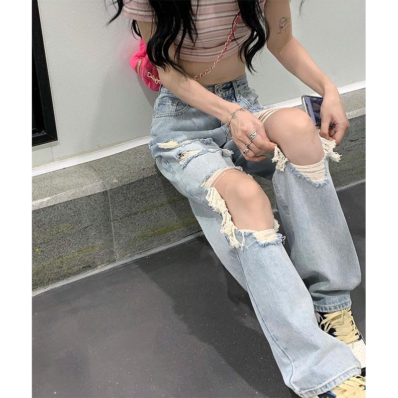 Quần Jeans Nữ Dài Lưng Cao Rách Gối Thời Trang Hàn