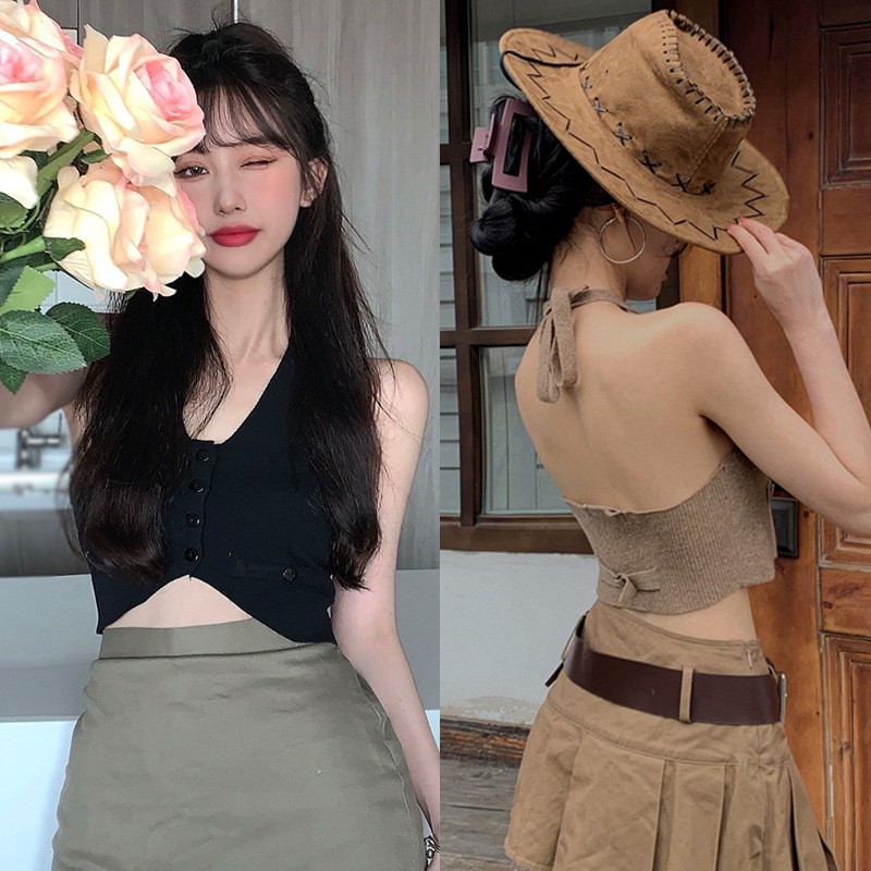Áo hai dây vải len hở rốn gợi cảm thời trang cho nữ