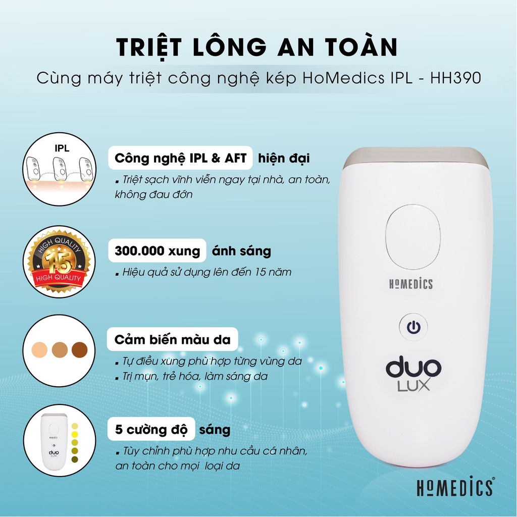 Máy triệt lông cầm tay vĩnh viễn tại nhà Homedics HH-390 HT Beauty, dụng cụ triệt lông toàn thân công nghệ IPL