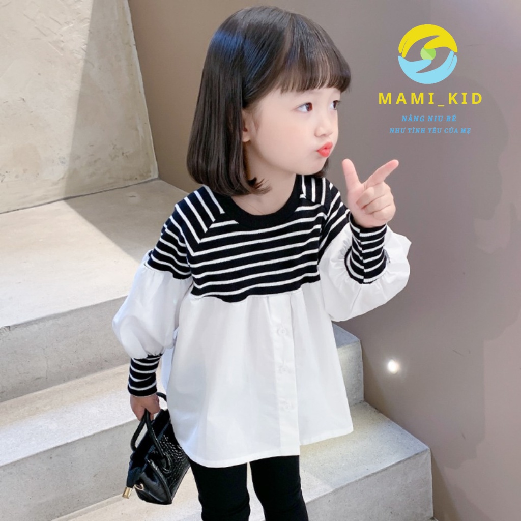 Áo Bé Gái Tay Dài Thu Đông, Áo Điệu Bé Gái len tăm kẻ phối Đũi hàn siêu đẹp, Shop Mamikid