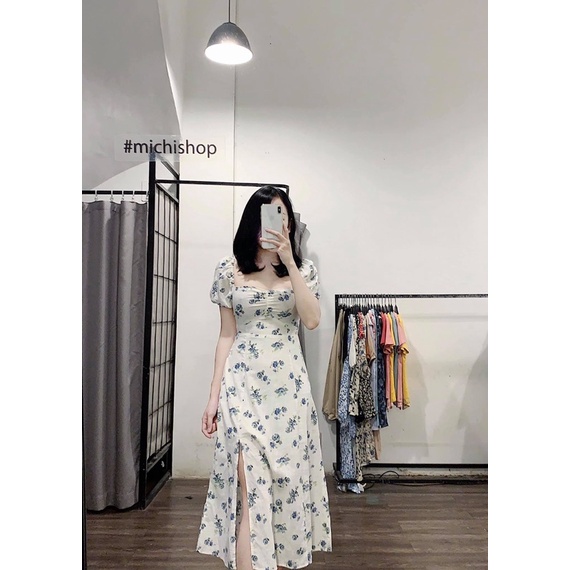 Váy midi nhún ngực xẻ tà hoa nhí 79V15