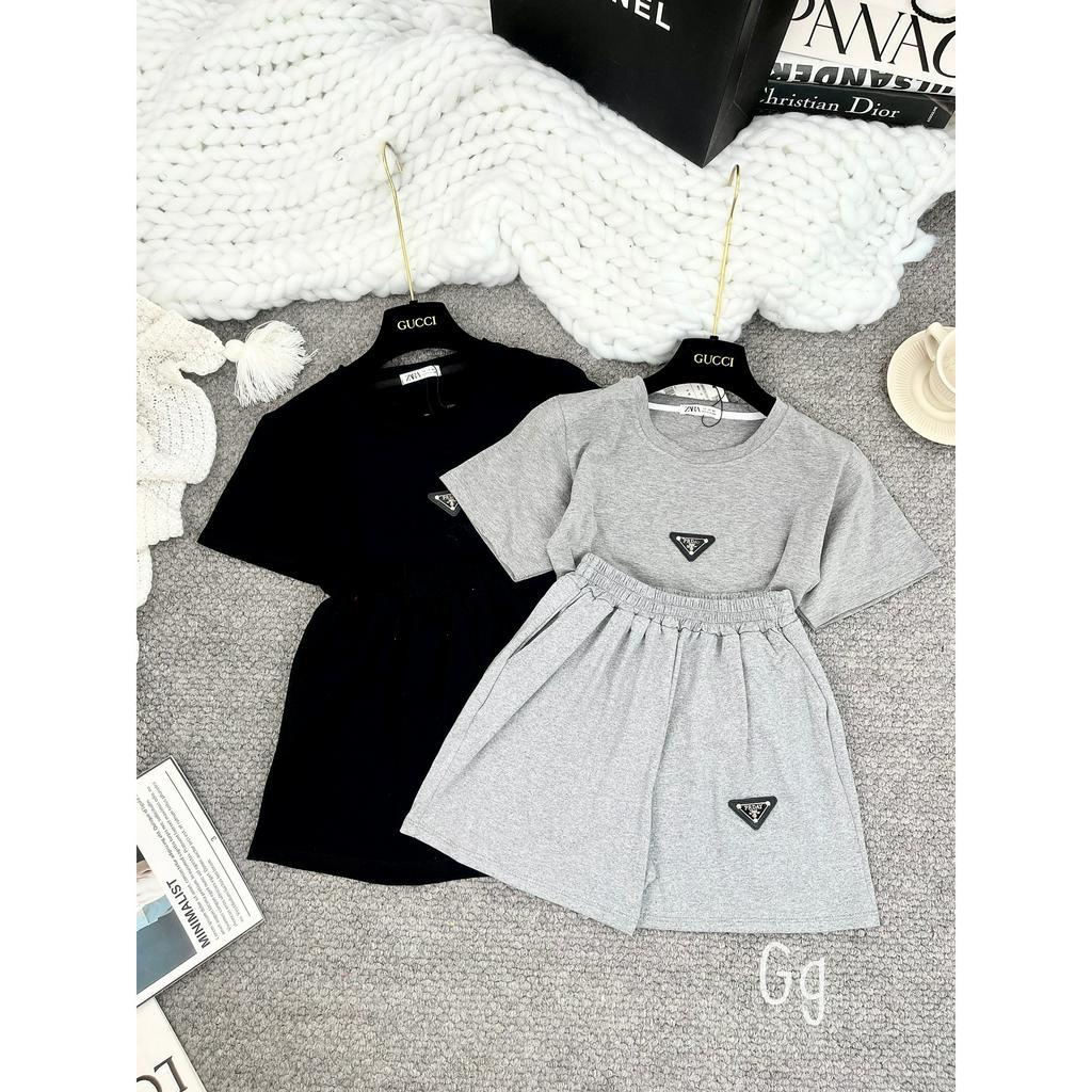 Set kiểu áo thun croptop tay ngắn quần sọt đùi xinh logo tam giác hot, chất thun gân mịn
