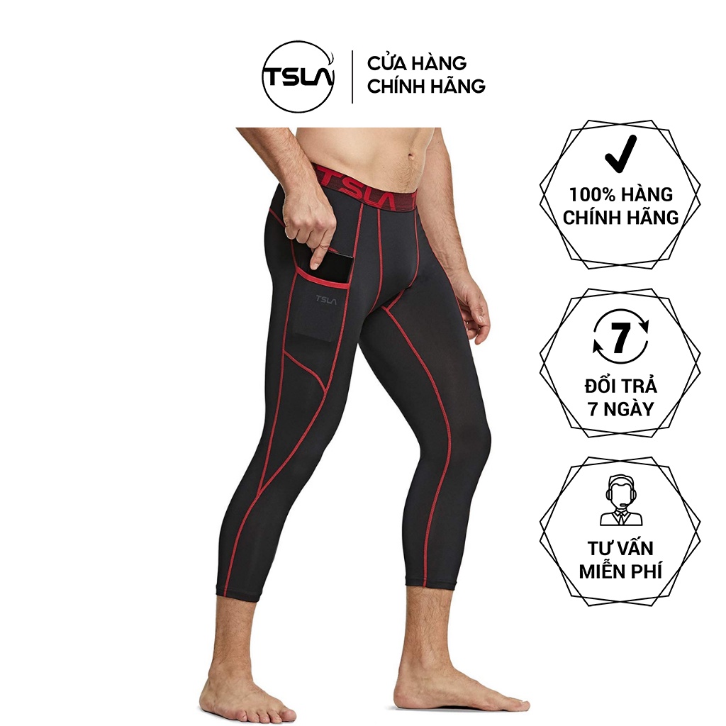 Quần thể thao nam combat bó cơ thể TSLA legging lửng 3/4 có túi thoáng mát kháng khuẩn chống UV tập gym đá bóng bơi