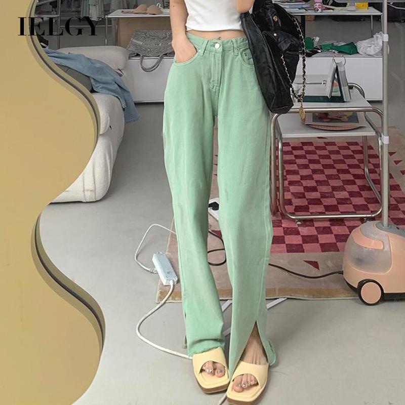 Quần denim IELGY dáng rộng xẻ tà màu xanh lá nhạt sang chảnh thời trang dành cho nữ